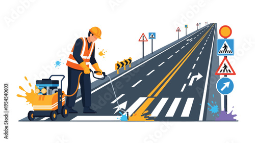 Road Painting Precision: A diligent worker meticulously paints lane markings on a stretch of asphalt road, ensuring order and safety, complete with road signs.