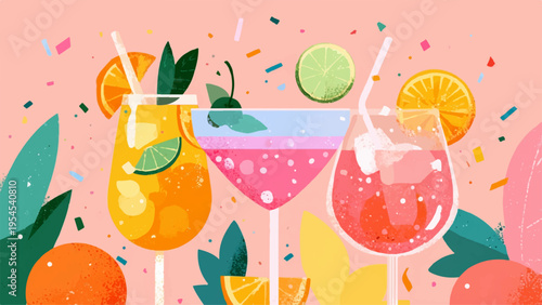Vector illustration of colorful cocktails with fruit and confetti