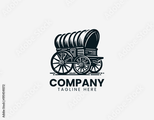 A classic covered wagon is illustrated in a clean modern black vector line art style showing historical transport on a white background