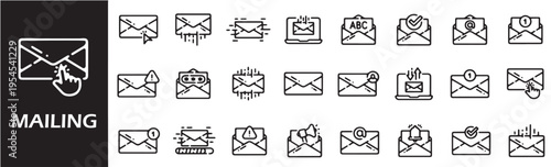 Black and white email icons set with mailing symbols for communication and technology concepts