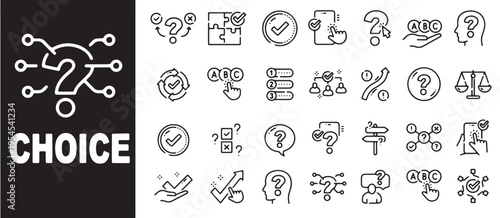 Black and white line icons set for decision making and choice concepts on isolated background