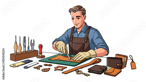 Craftsman at Work: A skilled artisan, clad in an apron and gloves, meticulously shapes leather with expert precision, surrounded by an array of tools and the promise of handcrafted creations.
