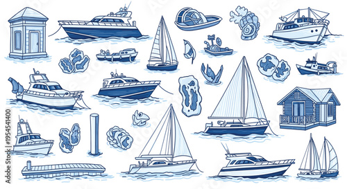 Set of hand drawn nautical elements including various boats ships and coastal architecture