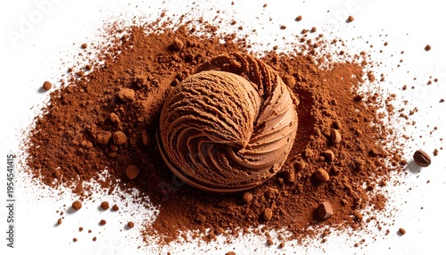 Close-up of a dark chocolate swirl, centered in a cloud of cocoa powder, revealing intricate textures and contrasting hues