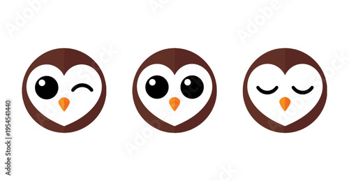 Set of Cute Cartoon Owl Faces with Different Expressions, Flat Vector Illustration of Owl Characters Isolated on White Background for Kids and Wildlife Decor