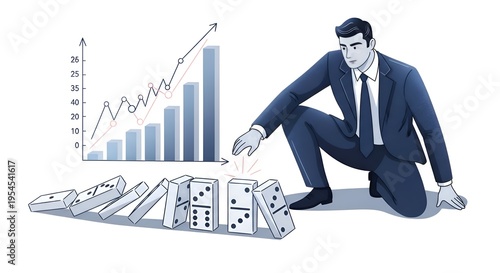 Businessman stopping falling dominoes, business growth chart background