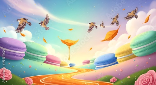 Whimsical Dreamscape with Flying Sparrows and Giant Macarons