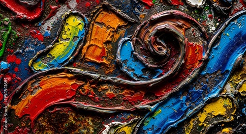 Abstract Textured Paint Swirls, Vibrant Colors, Macro Art Detail