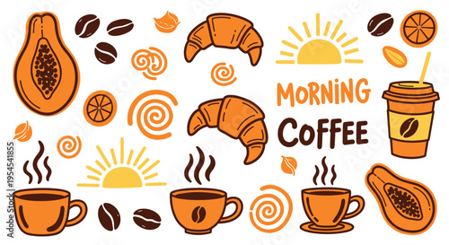 Morning coffee set with croissants and papaya fruit hand drawn doodle elements