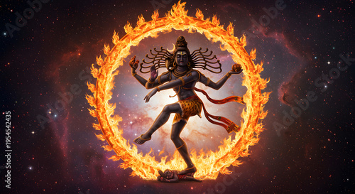 Lord Shiva as Nataraja, the cosmic dancer, in a vibrant dance of creation and destruction surrounded by a fiery halo