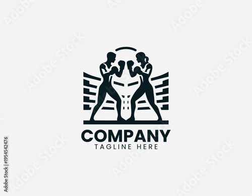 Boxers fighting inside a ring showing strong athletic competition action scene simple minimalist black vector style on clean white background