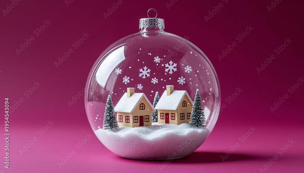 Naklejka premium a glass ornament with two houses inside. Snowflakes and tiny trees surround the houses, adding to the festive atmosphere.