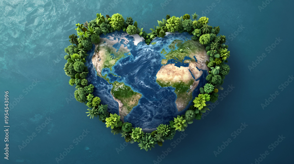 Fototapeta premium Heart-shaped Earth globe with green forests in a clean ocean, symbolizing environmental protection and love for nature 