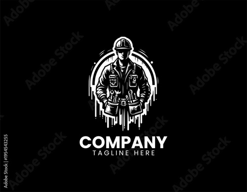 Construction worker with tool belt black vector logo illustration isolated on white background
