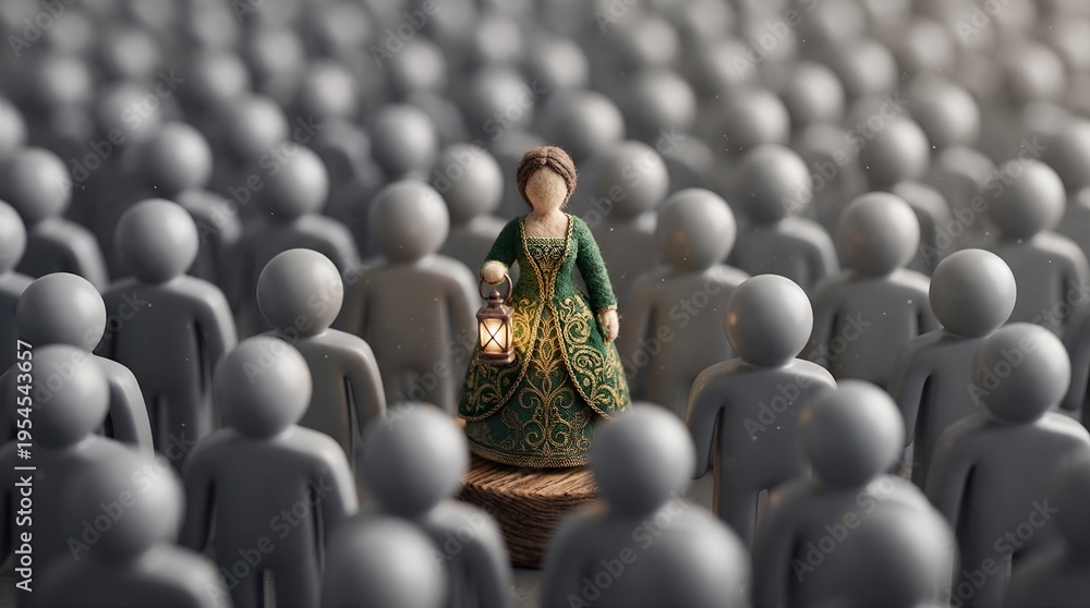 Obraz premium Vintage doll in green dress with lantern stands out in grey crowd, guidance theme