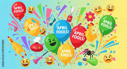 Colorful april fools' day balloons and emojis on gradient background with confetti