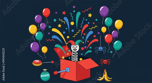 Surprised clown emerges from red gift box with colorful balloons and confetti on dark background