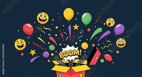 Colorful celebration box with confetti and emojis exploding in joy festive party background
