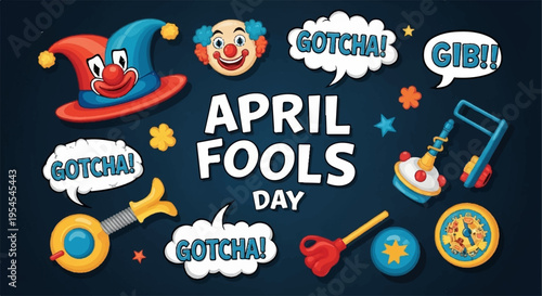 Colorful april fools' day graphic with jester prank items and speech bubbles on dark background