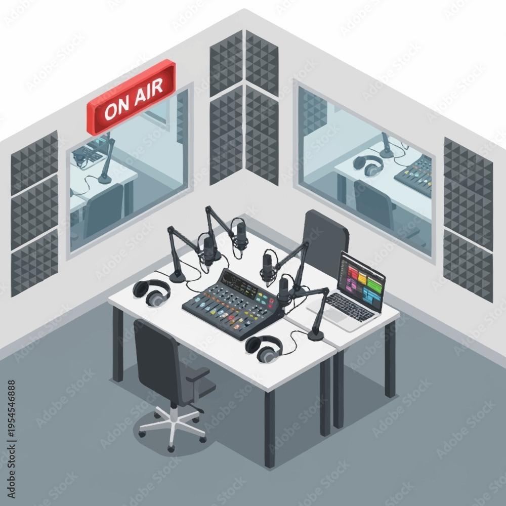 Ταπετσαρία A modern radio broadcasting studio setup with multiple microphones, a mixing console, headphones, and soundproofing panels, viewed from an isometric perspective