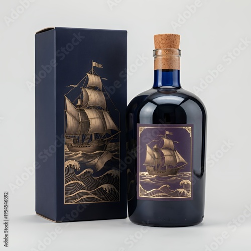Dark Glass Bottle with Golden Sailing Ship Label and Matching Box Packaging