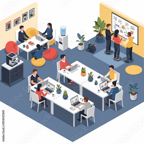 A vibrant and modern open-plan office space bustling with activity, featuring collaborative work areas, a presentation wall, and comfortable breakout zones.