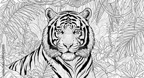 Majestic tiger portrait surrounded by lush foliage in black and white art