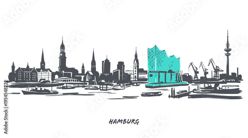 A detailed black and white sketch of the Hamburg skyline, featuring the iconic Elbphilharmonie concert hall highlighted in turquoise.