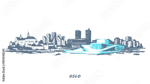 A stylized, minimalist illustration of the Oslo skyline, featuring modern architecture and historical buildings.