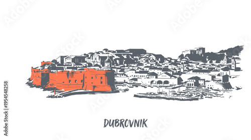A sketch of the historic city of Dubrovnik, Croatia, highlighting its iconic red-hued fortress walls and buildings against a backdrop of a hilly landscape.