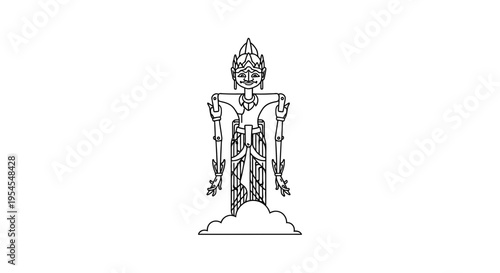 Thai Traditional Puppet Character Outline Standing on Clouds