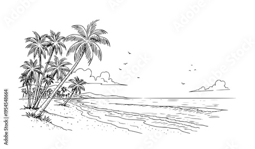 Hand drawn tropical beach landscape with palm trees and ocean waves minimalist summer vacation sketch illustration