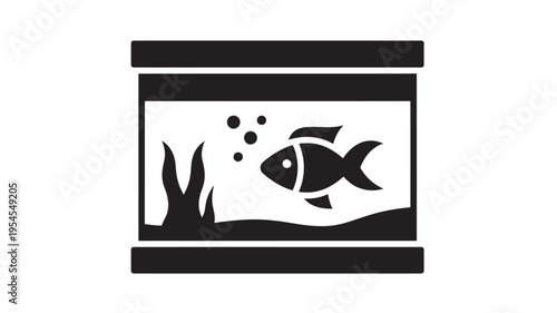 Fish icon inside a rectangular aquarium with aquatic plants and bubbles, rendered in a simple black silhouette style.