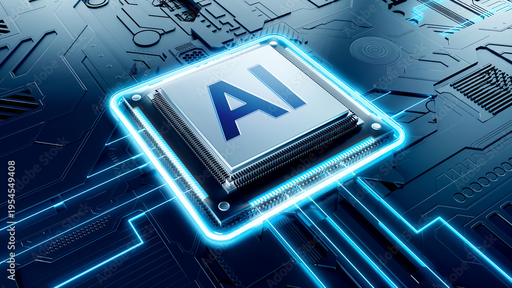 Εκτύπωση καμβά 3D rendering of a powerful AI microprocessor glowing with blue light on a futuristic motherboard, concept for artificial intelligence, machine learning, and advanced computing technology