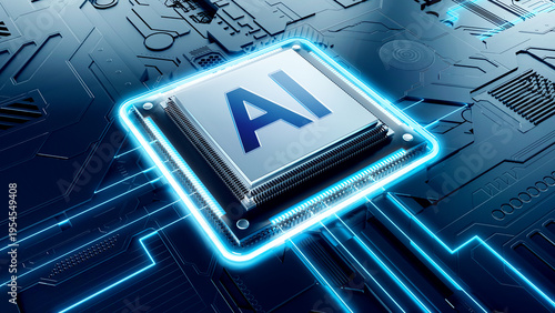 Tableau sur toile 3D rendering of a powerful AI microprocessor glowing with blue light on a futuristic motherboard, concept for artificial intelligence, machine learning, and advanced computing technology