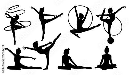 Creative gymnast girl silhouette vector set with playful rhythmic poses isolated on white