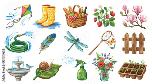 watercolor collection of spring and summer outdoor activities and elements, including a kite, boots, picnic basket, strawberries, flowers, a fountain, a snail, a watering can, and a seedling tray.