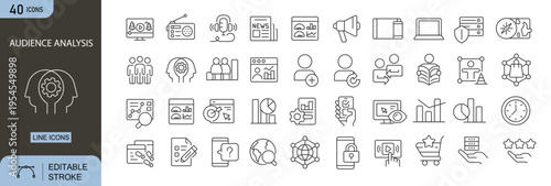 Audience analysis icons set representing user data, segmentation, behavior study, marketing insights, targeting and analytics in clean outline style. Editable Stroke.