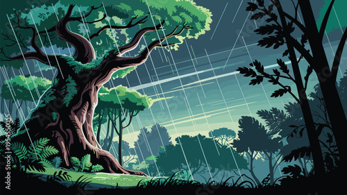 Cinematic cartoon illustration of a lush forest during a heavy summer 