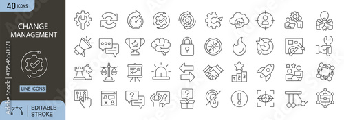 Change management icons set representing organizational change, strategy, transition, adaptation, leadership, process improvement and business transformation. Editable Stroke.