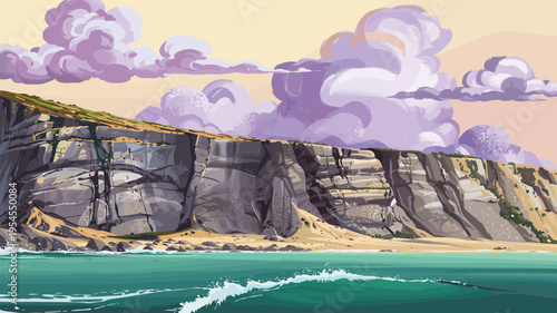 Cinematic cartoon landscape featuring rocky coastal cliffs and turquoi