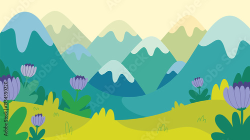 Vibrant flat cartoon illustration of snow capped mountain landscape wi