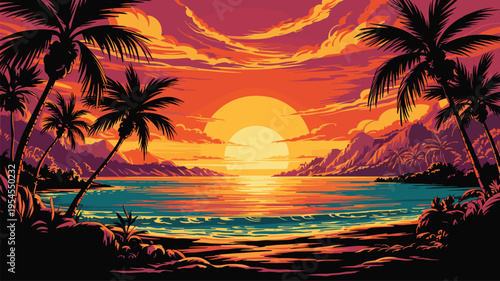 Vibrant tropical beach sunset illustration with palm trees and colorfu