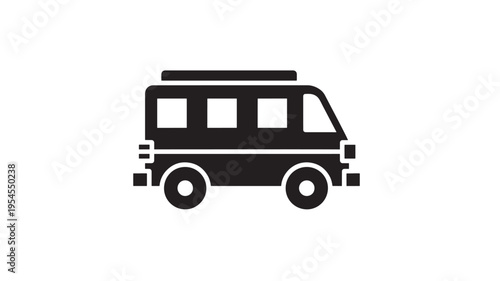 Van icon with wheels and windows on a white background, symbolizing transportation and travel. featuring vehicle, transport, journey with car and
