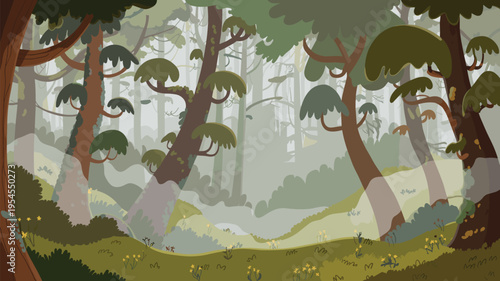 Whimsical cartoon forest landscape featuring stylized trees and soft n