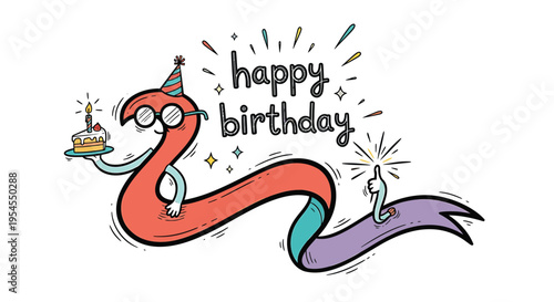 Cartoon snake wearing party hat holding cake, happy birthday vector illustration