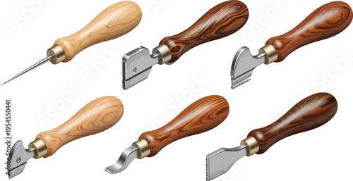 Collection of traditional leather crafting tools featuring ergonomic wooden handles and sharp metal blades perfect for professional leatherwork and DIY projects isolated on white