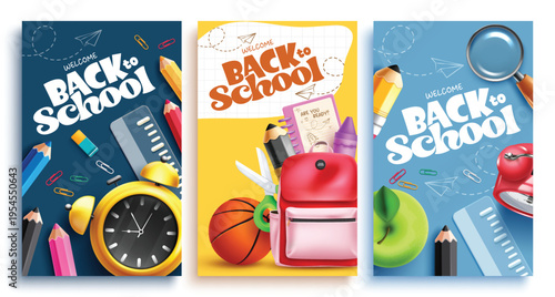 Back to School greeting clipart poster set design. Back to school greeting text in colorful background clip art with School elements like alarm clock, backpack, color pencil and ruler for students