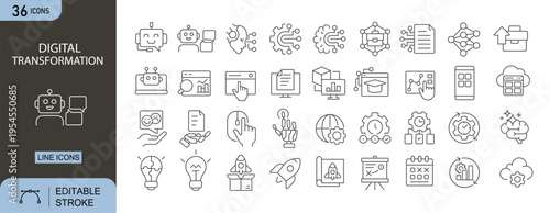 Digital transformation icons set representing automation, cloud systems, data analytics, modern technology adoption, business innovation and digital workflow. Editable Stroke.