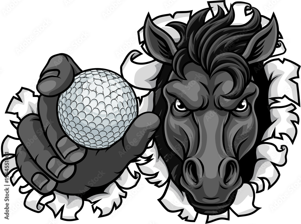 Obraz premium Horse mustang bronco stallion angry golf sports team mascot holding a ball.